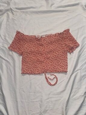 Floral Smocked Off-Shoulder Crop Top in Coral Pink